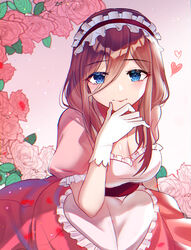  :p akitsuki_(oenothera) alternate_costume apron blue_eyes blush breasts brown_hair cleavage commentary cowboy_shot dress enmaided female finger_to_own_chin floral_background flower frilled_apron frilled_sleeves frills gloves go-toubun_no_hanayome hair_between_eyes heart heart_apron highres large_breasts long_hair looking_at_viewer maid maid_apron maid_headdress nakano_miku pink_dress pink_flower pink_rose puffy_short_sleeves puffy_sleeves rose sash shadow short_sleeves smile solo tongue tongue_out valentine white_gloves 