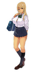  absurdres bag black_bra black_socks blonde_hair blue_skirt bow bowtie bra breasts brown_footwear collared_shirt commentary_request female full_body highres large_breasts loafers open_collar original partially_unbuttoned pleated_skirt red_eyes school_bag school_uniform shirt shoes skirt smile socks solo striped_bow striped_bowtie striped_clothes takeda_hiromitsu tan underwear white_background white_shirt 