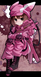  animal_hat bandana black_footwear boots brown_background brown_eyes brown_hair bullet_line bullpup commentary_request cross-laced_footwear female full_body gloves gun hat highres holding holding_gun holding_weapon jacket knee_pads lace-up_boots letterboxed llenn_(sao) long_sleeves looking_to_the_side p-chan_(p90) p90 pants pink_bandana pink_gloves pink_hat pink_jacket pink_pants rabbit_hat shiro_(kiron) short_hair sidelocks smile solo submachine_gun sword_art_online sword_art_online_alternative:_gun_gale_online trigger_discipline weapon 