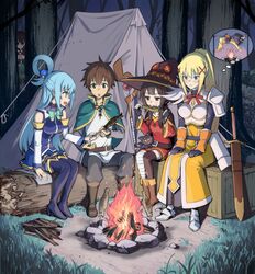  1boy 4girls animal aqua_(konosuba) aqua_bow aqua_bowtie armor asymmetrical_legwear bandaged_leg bandages black_cape blonde_hair blue_eyes blue_footwear blue_shirt blue_skirt blush boots bow bowtie breastplate breasts brown_cape brown_footwear brown_hair campfire camping cape chomusuke commentary_request cooking crate darkness_(konosuba) detached_sleeves dress eating fingerless_gloves firewood fish fish_(food) forest full_body gloves gold_trim grass green_cape green_eyes grey_eyes hair_ornament hair_rings hat hiding high_heels highres holding holding_animal holding_fish imagining kono_subarashii_sekai_ni_shukufuku_wo! log long_hair medium_breasts megumin mismatched_legwear multiple_girls nature necktie night pink_necktie red_dress red_eyes rotisserie satou_kazuma seidenki6 shadow sheath sheathed shirt short_hair_with_long_locks shoulder_armor sidelocks single_hair_ring single_thighhigh sitting skirt sleeveless small_breasts staff tent thigh_boots thighhighs thought_bubble white_sleeves witch_hat yellow_dress yunyun_(konosuba) 