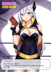  arm_behind_back arm_up bare_shoulders belt blurry blurry_background blush breasts cecilia_schariac cleavage collarbone commentary dress earrings english_commentary english_text eyebrows_hidden_by_hair female fingerless_gloves gift gloves grey_hair hair_between_eyes hair_ornament highres holding holding_gift honkai_(series) honkai_impact_3rd jewelry long_hair looking_at_viewer medium_breasts open_mouth purple_eyes purple_vest sheita sidelocks solo strapless strapless_dress swept_bangs user_interface vest 