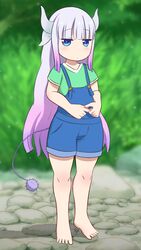  absurdres bare_legs barefoot blue_eyes blue_shorts blush closed_mouth feet female greatm8 highres horns kanna_kamui kobayashi-san_chi_no_maidragon long_hair looking_at_viewer outdoors purple_hair shorts solo suspender_shorts suspenders tail toes 