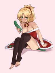  absurdres bell black_thighhighs blonde_hair breasts choker commentary dildo english_commentary fate/apocrypha fate/grand_order fate_(series) female full_body green_eyes highres holding holding_sex_toy mordred_(fate) mordred_(fate/apocrypha) ponytail ribbon santa_costume scrunchie sex_toy sidelocks simple_background sitting small_breasts solo thighhighs todding toes 