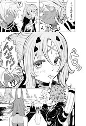  2boys 2girls absurdres ahoge animal_ears badominton bangs bare_shoulders blush cape dogmatika_ecclesia_the_virtuous duel_monster facial_mark fallen_of_albaz finger_to_another&#039;s_cheek forehead_mark greyscale highres incredible_ecclesia_the_virtuous licking licking_finger long_hair monochrome multiple_boys multiple_girls ponytail short_hair spiked_hair translation_request tri-brigade_ferrijit_the_barren_blossom tri-brigade_shuraig_the_ominous_omen yu-gi-oh! 