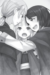  1boy 2girls :d ayakura_juu blush cape greyscale highres ilena_gisele long_hair low_ponytail monochrome multiple_girls myuri_(spice_and_wolf) non-web_source novel_illustration oerba_yun_fang official_art open_mouth ponytail shinsetsu_spice_and_wolf smile spice_and_wolf straight_hair sweatdrop tote_col upper_body white_background 