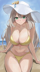  absurdres beach bikini blue_archive blush breasts cleavage collarbone commentary female halterneck hat higashiwun_izumi highres large_breasts long_hair looking_at_viewer navel nonomi_(blue_archive) nonomi_(swimsuit)_(blue_archive) official_alternate_costume on_ground outdoors sitting smile solo straight_hair string_bikini sun_hat swimsuit very_long_hair white_hat yellow_bikini 