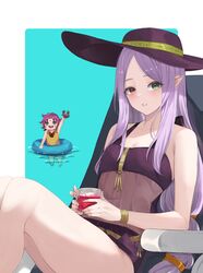  2girls absurdres alternate_costume bare_shoulders blue_background collarbone covered_navel crab cup facial_mark fae_(fire_emblem) fire_emblem fire_emblem:_the_binding_blade fire_emblem_heroes forehead_mark green_eyes hat heterochromia highres holding holding_cup idunn_(fire_emblem) innertube light_persona long_hair looking_at_viewer multiple_girls one-piece_swimsuit open_mouth parted_lips pointy_ears purple_eyes purple_one-piece_swimsuit ritence see-through simple_background sitting solo_focus sun_hat swim_ring swimsuit 