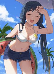  arms_behind_back beach_umbrella bikini bikini_top_only blue_shorts blue_sky blush breasts closed_eyes cloud collarbone commentary_request cowboy_shot day denim denim_shorts dot_nose emu_(emum) female flower_ornament hand_on_own_forehead hand_up highres idolmaster idolmaster_million_live! innertube kitakami_reika long_hair medium_breasts navel open_mouth outdoors palms shorts sky smile solo sparkle stomach swim_ring swimsuit thighs twintails umbrella water_drop watermelon_innertube wet white_bikini 