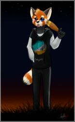  2018 ailurid anthro bepis black_border black_bottomwear black_clothing black_pants blue_eyes bodily_fluids border bottomwear clothing corndog digital_media_(artwork) food fur heterochromia hoodie junijoobs male mammal markings orange_body orange_fur pants red_eyes red_panda saliva saliva_string solo standing striped_markings striped_tail stripes tail tail_markings tongue tongue_out topwear 