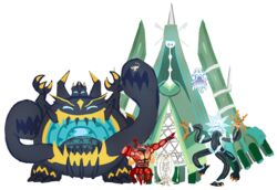  antennae arthropod_girl buzzwole celesteela commentary conmimi detached_arm duplicate english_commentary everyone facing_viewer floating full_body guzzlord horns insect_wings kartana looking_at_viewer nihilego no_lineart open_mouth pheromosa pixel-perfect_duplicate pokemon pokemon_(creature) pokemon_sm pose simple_background size_difference smile standing standing_on_one_leg tail video_game white_background wings xurkitree 