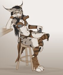  absurd_res anthro black_hair breasts felid feline female fur furniture grey_body grey_fur hair hi_res lynx mammal mira_(spectronic) sitting solo spectronic stool 