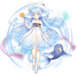  ark_order bangs bare_legs blue_hair blush chinese_clothes double_bun dress female flower frilled_dress frills hair_flower hair_ornament halo head_fins holding horns kuen_(ark_order) liquid_halo looking_at_viewer maya_g narwhal official_art pink_flower pink_ribbon ribbon see-through single_horn solo tachi-e white_dress yellow_eyes 