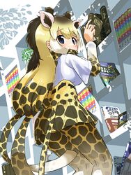  absurdres animal_ears animal_print blonde_hair blue_eyes book bookshelf brown_hair commentary extra_ears female from_below giraffe_ears giraffe_horns giraffe_print giraffe_tail highres horns iwa_(iwafish) kemono_friends long_hair long_sleeves looking_at_viewer multicolored_hair pantyhose pleated_skirt print_pantyhose print_scarf print_skirt print_sleeves reticulated_giraffe_(kemono_friends) scarf shirt short_sleeves skirt solo t-shirt tail white_shirt 