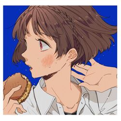  arms_up black_shirt blue_background blunt_bangs blush border braid brown_hair collared_shirt commentary crown_braid dress_shirt female food hands_up holding holding_food ice_cream ice_cream_sandwich ivxxx looking_to_the_side nervous_sweating niijima_makoto open_mouth persona persona_5 red_eyes shirt short_hair simple_background snack solo sweat sweatdrop symbol-only_commentary teeth turning_head white_border white_shirt 