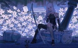  1boy 2b_(nier:automata) 2girls 9s_(nier:automata) a2_(nier:automata) android araiyme armlet asymmetrical_legwear back_cutout bare_shoulders black_footwear black_gloves black_legwear breasts cheekbones clothing_cutout collarbone commentary elbow_gloves emil_(nier) flower gloves hair_between_eyes joints katana long_hair lunar_tear machine_(nier) mole mole_under_mouth multiple_girls nier:automata nier_(series) parted_lips pod_(nier:automata) robot_joints shorts sitting small_breasts sword tank_top twitter_username uneven_legwear virtuous_contract weapon white_hair 