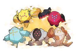  blue_eyes commentary_request highres legs_apart no_humans outstretched_arms pink_eyes pokemon pokemon_(creature) regice regidrago regieleki regirock registeel sitting taisa_(lovemokunae) yellow_eyes 