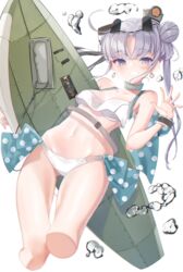  absurdres ahoge akitsushima_(kancolle) akitsushima_(swimsuit_mode)_(kancolle) bikini blush breasts choker cropped_legs earrings eyewear_on_head female grey_hair grin hair_bun hair_ornament hair_ribbon hat highres holding jewelry kanae_(inorin05kanae) kantai_collection long_hair mini_hat nishikitaitei-chan polka_dot purple_eyes ribbon side_ponytail simple_background single_hair_bun small_breasts smile solo sunglasses swimsuit water white_background white_bikini 