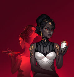  aged_down arcane:_league_of_legends armor bare_shoulders breasts closed_mouth commentary cup dark-skinned_female dark_skin dreadlocks dress dual_persona earrings female gold_armor gradient_background highres holding holding_cup holding_knife jewelry knife league_of_legends looking_at_viewer medium_breasts mel_medarda red_background red_eyes short_hair shoulder_plates upper_body very_dark_skin vladbacescu white_dress 