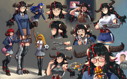  1boy 4girls ;d \m/ animal_ears animification arm_cannon arm_up backpack bag ball bare_arms baron_of_hell black-framed_eyewear black_hair black_pantyhose black_thighhighs blonde_hair blue_hair blue_jacket blue_shorts blunt_bangs blush box braid breasts brown_eyes cacodemon commentary cow_ears cyberdemon cyborg cyclops dark-skinned_female dark_skin demon_girl digitigrade dolphin_shorts doom_(series) doom_eternal doomguy english_commentary fangs fangs_out floating freckles giant giantess gift gift_box glasses green_eyes grey_sports_bra highres holding holding_bag holding_magnifying_glass hooves horns imp_(doom) jacket karaoke large_breasts long_hair long_sleeves magnifying_glass mechanical_arms mechanical_legs monster_girl multiple_girls multiple_views muscular muscular_female musical_note necktie one-eyed one_eye_closed open_mouth pantyhose personification plaid plaid_necktie plaid_skirt pointy_ears red_eyes red_hair shirt short_hair short_sleeves shorts shoulder_bag shoulder_spikes single_mechanical_arm single_mechanical_leg skirt sleeveless sleeveless_shirt smile soccer_ball sparkle spikes sports_bra substance20 tall_female thighhighs twin_braids underwear weapon white_shirt 