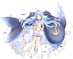  &gt;_&lt; anklet ark_order bangs blue_hair blue_scrunchie book book_on_lap bubble detached_sleeves dress female fish halo head_fins horns jewelry kuen_(ark_order) liquid_halo long_hair looking_at_viewer maya_g narwhal necklace official_art open_book scrunchie short_sleeves single_horn sitting smile solo tassel transparent_background very_long_hair white_dress white_footwear wrist_scrunchie yellow_eyes 