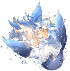  ark_order bang blue_hair chinese_clothes dress female finger_gun fingers_together floating_hair frilled_dress frills gold_hairband gold_trim hairband halo head_fins kuen_(ark_order) long_hair long_sleeves looking_at_viewer maya_g narwhal pink_dress pink_footwear smile solo tachi-e tassel very_long_hair water white_dress yellow_eyes 