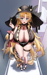  absurdres alternate_breast_size animal_ears arknights blonde_hair blush breasts dishui_tangni drill_hair drill_sidelocks female flower full_body gold green_eyes hair_flower hair_ornament hat highres holding_ticket large_breasts long_hair looking_at_viewer oerba_yun_fang open_mouth side_drill sidelocks skin_fang smile solo standing sweat swimsuit swire_(arknights) swire_the_elegant_wit_(arknights) tail tail_ornament tail_ring ticket tiger_ears tiger_girl tiger_tail urinal very_long_hair white_flower 