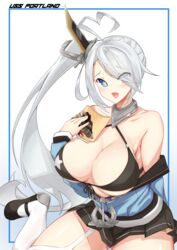  :d absurdres ahoge anchor azur_lane bare_shoulders bikini bikini_top_only black_bikini black_footwear black_skirt blue_background blue_border blue_eyes blue_jacket blush book border breasts cameo character_name cleavage collar collarbone commentary covered_nipples cowboy_shot eyes_visible_through_hair female front-tie_bikini_top front-tie_top garter_straps glint gradient_background hair_ornament hair_over_one_eye heart heart-shaped_pupils heart_ahoge highres holding holding_book indianapolis_(azur_lane) jacket kanotype large_breasts loafers long_hair long_sleeves looking_at_viewer oerba_yun_fang off_shoulder open_book open_mouth pleated_skirt portland_(azur_lane) rigging shoes side_ponytail sidelocks single_garter_strap single_thighhigh sitting skirt smile solo star_(symbol) star_print swimsuit symbol-shaped_pupils thighhighs very_long_hair white_background white_hair white_thighhighs yokozuwari 