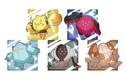  absurdres blue_eyes commentary_request energy highres legs_apart no_humans outstretched_arms pink_eyes pokemon pokemon_(creature) regice regidrago regieleki regirock registeel sitting sparkle taisa_(lovemokunae) yellow_eyes 