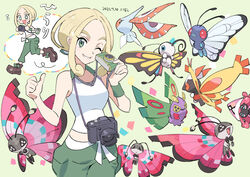  beautifly belt blonde_hair butterfree camera commentary_request crop_top dated dustox eyelashes female green_eyes green_pants green_wristband holding holding_camera masquerain mothim nibo_(att_130) one_eye_closed pants photographer pokemon pokemon_(creature) pokemon_xy shirt sleeveless sleeveless_shirt smile tapu_lele thick_eyebrows thumbs_up viola_(pokemon) vivillon vivillon_(meadow) white_belt white_shirt wristband 