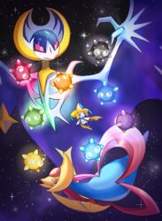  :o alternate_color black_eyes closed_mouth commentary conmimi cresselia english_commentary eye_contact floating full_body jirachi looking_at_another lunala minior minior_(blue_core) minior_(core) minior_(green_core) minior_(indigo_core) minior_(orange_core) minior_(red_core) minior_(violet_core) minior_(yellow_core) no_humans pink_eyes pokemon pokemon_(creature) shiny_pokemon space star_(sky) trait_connection 