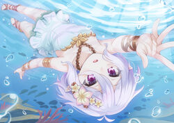  :d air_bubble arm_up bare_shoulders bubble casual_one-piece_swimsuit collarbone commentary coral day elf eyes_visible_through_hair female flower grey_hair hair_between_eyes hair_flower hair_ornament kokkoro_(princess_connect!) kokkoro_(summer)_(princess_connect!) light_rays looking_at_viewer miri_(ago550421) one-piece_swimsuit open_mouth outdoors outstretched_arm pointy_ears princess_connect! purple_eyes short_hair smile solo sunlight swimming swimsuit swimsuit_skirt underwater upside-down white_flower white_one-piece_swimsuit 