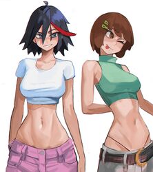  2girls absurdres belt black_hair blue_eyes breasts brown_eyes brown_hair crop_top green_shirt hair_ornament hairclip highres kill_la_kill mankanshoku_mako matoi_ryuuko midriff multiple_girls one_eye_closed red_hair shirt smirk tefi_blum tongue tongue_out white_shirt wide_hips 