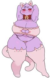  absurd_res anthro ass big_breasts big_butt blush bodily_fluids breasts cat_lingerie cat_tail clothed clothing fake_cat_ears fake_ears female fur generation_1_pokemon gengar hi_res huge_breasts legwear lingerie navel nintendo overweight plump_(character) pokemon pokemon_(species) purple_body red_eyes simple_background solo stockings thick_thighs underchikichan 