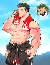  1boy ^_^ abs animal_ears arsalan_(housamo) bara beard black_hair blue_sky blush burn_scar closed_eyes cloud cloudy_sky collarbone day english_commentary facial_hair furry furry_male green_hair halo heart highres hip_vent lion_boy lion_ears lisuchi male_focus muscular muscular_male navel nipples notice_lines outdoors pectorals scar short_hair sideways_glance sky smile solo_focus speech_bubble stubble sweat tokyo_afterschool_summoners topless_male towel towel_around_neck wiping wiping_face zabaniyya_(housamo) 