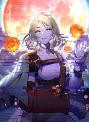  arm_sling banned_artist belt blonde_hair breasts building capelet cast cloud commentary corset female glitch grace_(granblue_fantasy) granblue_fantasy hand_up jack-o&#039;-lantern looking_at_viewer medium_breasts moon night open_mouth shirt short_hair skirt smile solo tsukumi_(tkmillust) turtleneck upper_body waving white_shirt yellow_eyes 