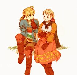  1boy ahoge alma_beoulve artist_request bad_link blonde_hair blush boots breasts brother_and_sister cape dress female final_fantasy final_fantasy_tactics gloves hair_ribbon ponytail ramza_beoulve ribbon shirt siblings simple_background small_breasts smile source_request whistle 