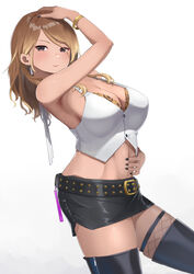  animal_print arm_up armpits asymmetrical_legwear belt black_eyes black_footwear black_nails blonde_hair blush boots bra bracelet breasts brown_hair cleavage commentary_request crop_top earrings female fishnet_thighhighs fishnets gradient_hair gyaru highres idolmaster idolmaster_shiny_colors izumi_mei jewelry large_breasts leopard_print long_hair looking_at_viewer midriff miniskirt mismatched_legwear multicolored_hair nail_polish navel partial_commentary shougun_(chuckni1) simple_background skindentation skirt smile solo tan thigh_boots thighhighs toned underwear vest white_background zettai_ryouiki 