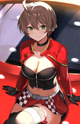  ahoge arm_support asato_(fadeless) belt black_choker black_gloves black_thighhighs black_tube_top braid breasts brown_hair car checkered_clothes checkered_skirt choker cleavage closed_mouth collarbone commentary cowboy_shot crop_top cropped_jacket crossed_legs earrings female gloves green_eyes hair_between_eyes heart heart_earrings highres idolmaster idolmaster_million_live! idolmaster_million_live!_theater_days jacket jewelry large_breasts light_blush long_sleeves looking_at_viewer midriff miniskirt motor_vehicle navel on_vehicle open_clothes open_jacket pleated_skirt race_queen racing_zone_(idolmaster) red_jacket red_skirt sakuramori_kaori short_hair sitting sitting_on_car skirt smile solo strapless thigh_strap thighhighs tube_top 