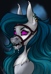  bat_pony bodily_fluids bridle chest_tuft drooling ear_piercing ears_up equid equine female feral gag hasbro horse long_mane mammal my_little_pony piercing pony ring_gag saliva solo spiral_eyes stirren tuft 