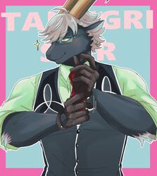  anthro black_body black_fur bovid buttoned_clothing caprine clothing eyewear fur glasses gloves goat green_eyes hair handwear hi_res izm_rm7 lifewonders male mammal muscular muscular_anthro muscular_male necktie solo tanngrisnir_(tas) tokyo_afterschool_summoners topwear vest white_hair 