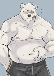  anthro bear belly black_bottomwear black_clothing black_nose bottomwear clothed clothing collarbone eyewear fur fur_tuft hand_in_pocket hand_on_belly hi_res holding_belly koginoro_28 male mammal navel nipples odd_taxi pockets polar_bear sekiguchi_(odd_taxi) slightly_chubby solo topless tuft ursine white_arms white_body white_ears white_fingers white_fur white_hands 