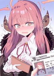  aru_(blue_archive) aru_(young)_(blue_archive) blue_archive blush breasts coat commentary_request drooling embarrassed female gloves hair_between_eyes highres himiya_jouzu horns id_card looking_at_viewer open_mouth red_hair saliva shaded_face simple_background sweat tears translated trembling wallet white_gloves 