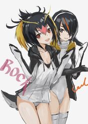  2girls black_eyes black_hair blonde_hair blush breasts casual_one-piece_swimsuit character_name cleavage closed_mouth collarbone commentary emperor_penguin_(kemono_friends) hair_between_eyes hair_over_one_eye hairband hands_up hood hoodie infukun jacket kemono_friends long_hair long_sleeves looking_at_viewer multicolored_hair multiple_girls one-piece_swimsuit open_mouth orange_hair penguin_tail penguins_performance_project_(kemono_friends) pink_hair red_eyes rockhopper_penguin_(kemono_friends) short_hair simple_background smile streaked_hair swimsuit swimsuit_under_clothes tail thighhighs white_background white_hairband white_one-piece_swimsuit white_thighhighs 