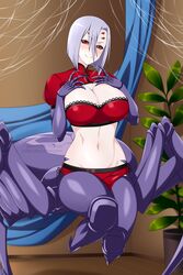  alternate_costume arachne arthropod_girl bandeau blush breasts carapace cleavage closed_mouth commission crop_top english_commentary extra_eyes female grey_hair groin hair_between_eyes hands_on_own_chest indoors large_breasts lindaroze looking_at_viewer midriff monster_girl monster_musume_no_iru_nichijou multiple_legs navel patreon_username plant potted_plant rachnera_arachnera red_bandeau red_eyes red_shorts red_sleeves shadow short_hair short_shorts shorts shrug_(clothing) sidelocks silk smile solid_eyes solo spider_girl spider_web taur twitter_username web_address 