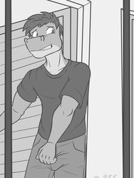  3:4 alligator alligatorid anthro bottomwear clothed clothing crocodilian fully_clothed fuze gabriel_(fuze) greyscale hi_res looking_back male monochrome nervous pants reptile scalie shirt solo t-shirt topwear 