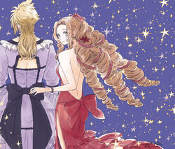  1boy aerith_gainsborough aerith_gainsborough_(red_dress) ancotsubu backless_dress backless_outfit bare_shoulders blonde_hair bracelet breasts brown_hair choker cloud_strife cloud_strife_(ball_gown) couple crossdressing curly_hair dress earrings female final_fantasy final_fantasy_vii final_fantasy_vii_remake flower frilled_dress frills from_behind green_eyes hair_flower hair_ornament hair_ribbon hand_on_another&#039;s_back highres jewelry long_hair medium_breasts medium_hair necklace parted_bangs purple_background purple_dress red_dress ribbon ribbon_choker ringlets sidelocks sparkle sparkle_background spiked_hair straight upper_body 