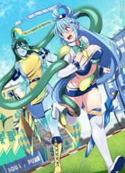  2girls aqua_(konosuba) belt billboard bleachers blue_eyes blue_hair blue_skirt blue_sky blurry blurry_background boots bouncing_breasts breasts chain-link_fence character_name closed_eyes clothes_writing commentary crossover day detached_sleeves english_commentary english_text fence fingerless_gloves gloves green_hair hair_between_eyes hair_ornament hair_rings high_heel_boots high_heels highleg highleg_panties highres kono_subarashii_sekai_ni_shukufuku_wo! leaning_forward lindaroze long_hair long_hair_between_eyes long_sleeves monster_girl monster_musume_no_iru_nichijou multiple_girls open_mouth outdoors panties patreon_username race_queen skirt sky slime_girl smile standing standing_on_one_leg suu_(monster_musume) tentacle tentacle_hair thigh_boots thighs tongue twitter_username typo umbrella underwear very_long_hair visor_cap watermark web_address 