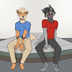  1:1 anthro anthrofied barefoot bed bottomwear clothed clothing duo feet footwear fully_clothed furniture fuze generation_1_pokemon generation_3_pokemon growlithe hi_res male nintendo on_bed pants pokemon pokemon_(species) pokemorph poochyena shirt shoes sitting sitting_on_bed t-shirt topwear 