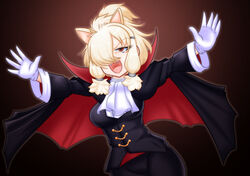  :d alpaca_ears alpaca_suri_(kemono_friends) alternate_costume animal_ears arms_up blonde_hair cape collared_cape cowboy_shot dutch_angle empty_eyes evil_smile extra_ears female formal hair_over_one_eye halloween_costume high_collar highres jacket kemono_friends long_sleeves medium_hair meulahke oerba_yun_fang one_eye_covered open_mouth outstretched_arms outstretched_hand pants red_eyes sidelocks smile solo spread_arms v-shaped_eyebrows vampire_costume 