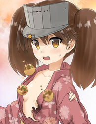  breasts brown_eyes brown_hair brown_kimono collarbone convenient_censoring female floral_print food japanese_clothes kantai_collection kimono kujira_naoto long_hair oerba_yun_fang ryuujou_(kancolle) small_breasts solo takoyaki torn_clothes torn_kimono upper_body visor_cap yukata 